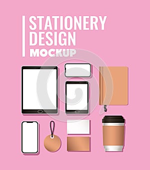 Tablet smartphone and mockup set on pink background vector design