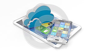 Tablet and smartphone with square apps and cloud icons