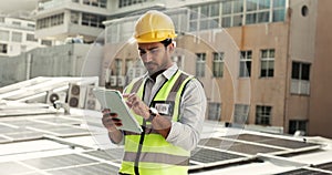 Tablet, solar panel and a construction worker man on a roof in the city to install alternative energy equipment