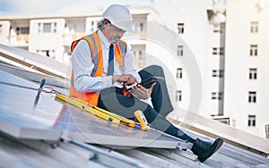 Tablet, solar panels and engineering man in city, rooftop and urban development, sustainability or energy saving