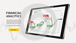 Tablet with stock trade candlestick graph and signals web banner