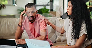 Tablet, stress for budget and couple with financial crisis on sofa in living room of home for solving banking