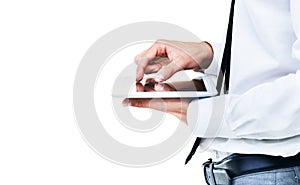 Tablet, studio or hands of businessman on social media online for entertainment blog or texting on web. Isolated white