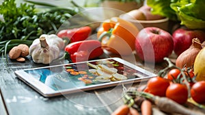 Tablet Surrounded by Vegetables on a Table