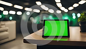 Tablet on a table with a green screen