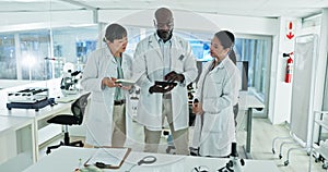 Tablet, teamwork or scientists talking in laboratory for chemistry research report or test feedback. Medical data