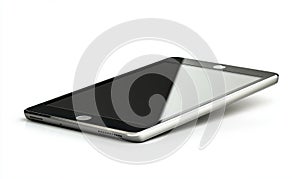 A tablet, tech device, ultra-slim design, silver and black, isolated on white background