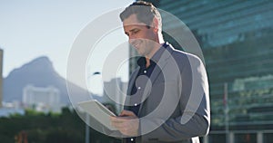 Tablet, urban city and business man smile for project results, online feedback data or research report. Success, reading