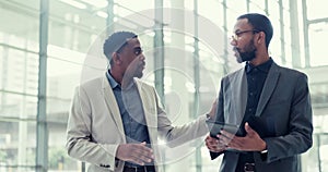 Tablet, watch and business men in an airport, checking the time while late for a departure flight. Travel, agenda or