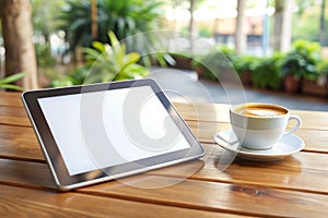 Tablet white screen and coffee