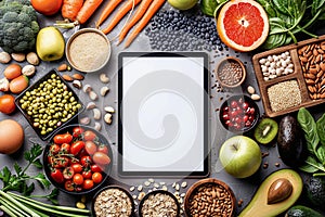 Tablet with white screen mock up surrounded by assortment of healthy foods