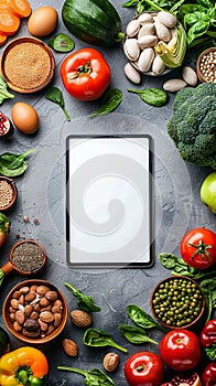 Tablet with white screen mock up surrounded by assortment of healthy foods