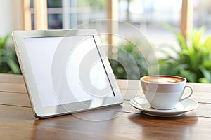 Tablet white screen and coffee