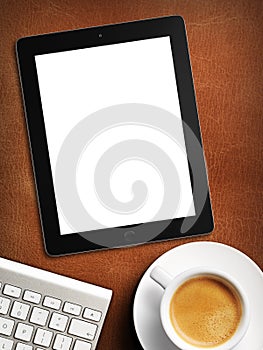 Tablet white screen similar to ipad display and coffee