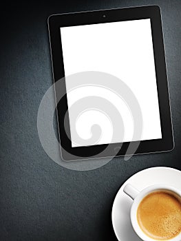 Tablet white screen similar to ipad display and coffee