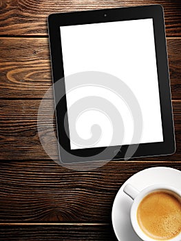 Tablet white screen similar to ipad display and coffee