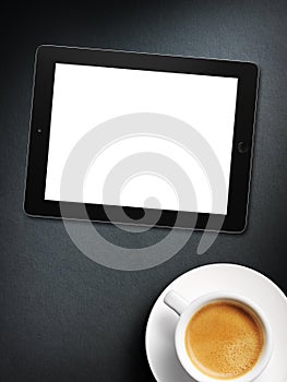 Tablet white screen similar to ipad display and coffee