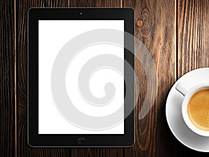 Tablet white screen similar to ipad display and coffee photo