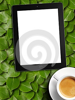 Tablet white screen similar to ipad display and coffee