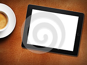 Tablet white screen similar to ipad display and coffee