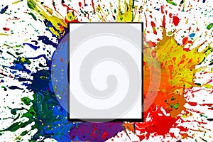 Tablet with a white screen used to create against a colorful paint splash background