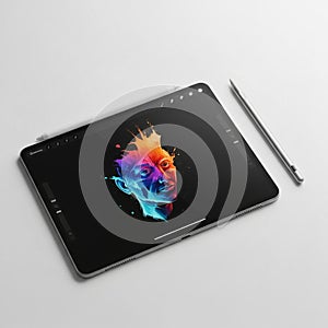 A tablet on a white surface displays a digital artwork featuring