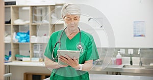 Tablet, woman and senior nurse research, telehealth and online communication in clinic. Technology, serious and medical