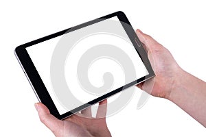 Tablet in women hands on a white backgrounds