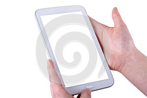 Tablet in women hands on a white backgrounds