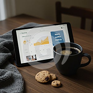 A tablet on a wooden table displays graphs and data analytics. A black coffee mug,
