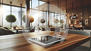 Tablet on wooden table in modern workplace