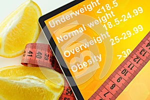 Tablet with words Body mass index BMI