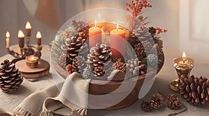 A tabletop arrangement of pinecones, acorns, and a rustic candle, evokes a sense of fall tranquility