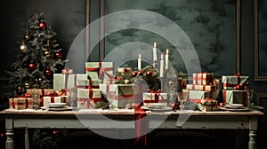 Tabletop with Christmas gift boxes, ornaments and candles