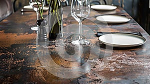 The tabletop in the dining area was a salvaged piece of rusty patinated metal with a thin layer of clear coating to