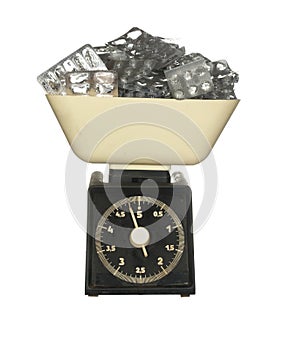Tabletop household dial scales weighing empty medicine packages isolated on a white background