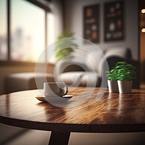 Tabletop on living room background, very bright and sunny. Mockup for your product