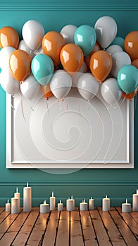 Tabletop symphony dynamic view with colorful balloons, white frame on blue wood