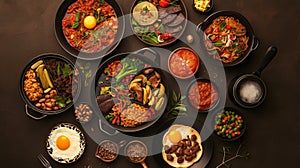 Assorted dishes on a dark tabletop