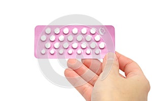 Tablets Birth Control Pills with woman hand