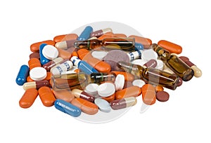 Tablets, capsules, ampoules on a white background