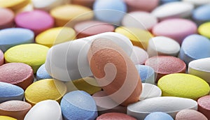 Tablets of different colors. Antibiotic resistance. Tablets from antimicrobial viruses. Pharmaceutical industry