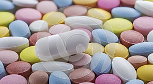 Tablets of different colors. Antibiotic resistance. Tablets from antimicrobial viruses. Pharmaceutical industry