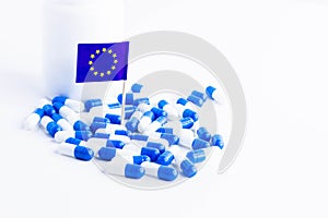 Tablets and EU flag. Import of tablets to the European Union.