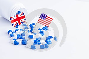 Tablets and flag of britain and united states. Import of tablets to the USA.