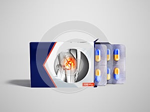 Tablets in a package two plates with capsules from joint pains blue 3d render on gray background photo