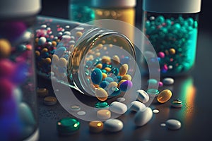 Tablets. Pharmacology. Medicine pharmacy health vitamin antibiotic pharmaceutica, treatment concept illustration or