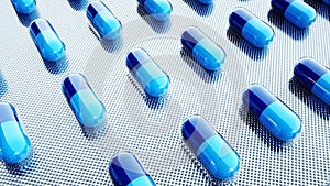 Tablets and pills packed. Medical concept, background. 3d rendering.