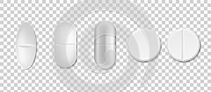 Tablets set. Vector realistic white medical pill and capsule various forms front view, antibiotic, painkiller and