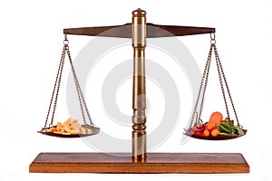 Tablets and vegetables on a brass scale